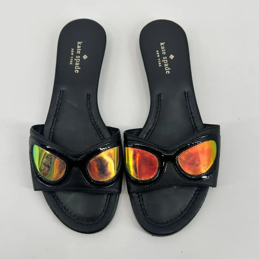 Kate Spade black leather slide on sandals iridescent sunglass shaped embellish 9